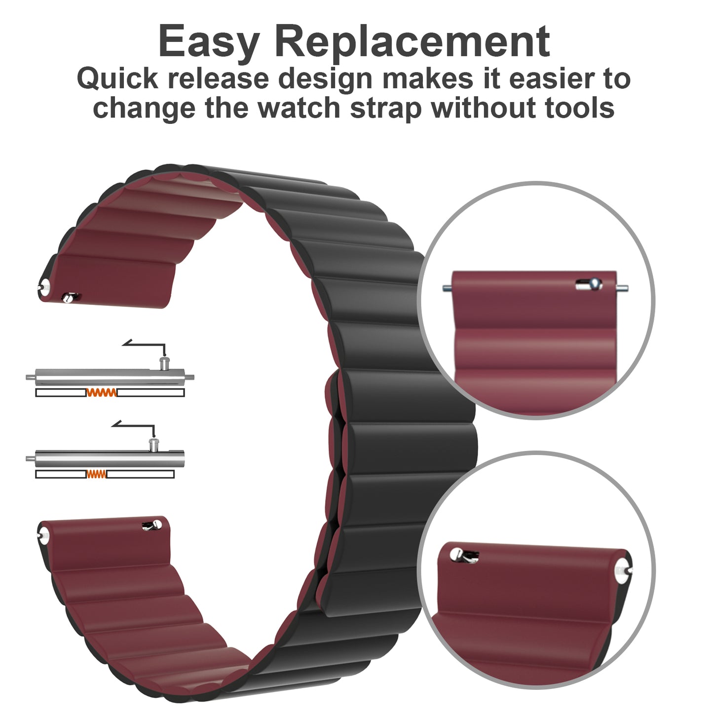 Quick release design makes it easier to change the watch strap without tools